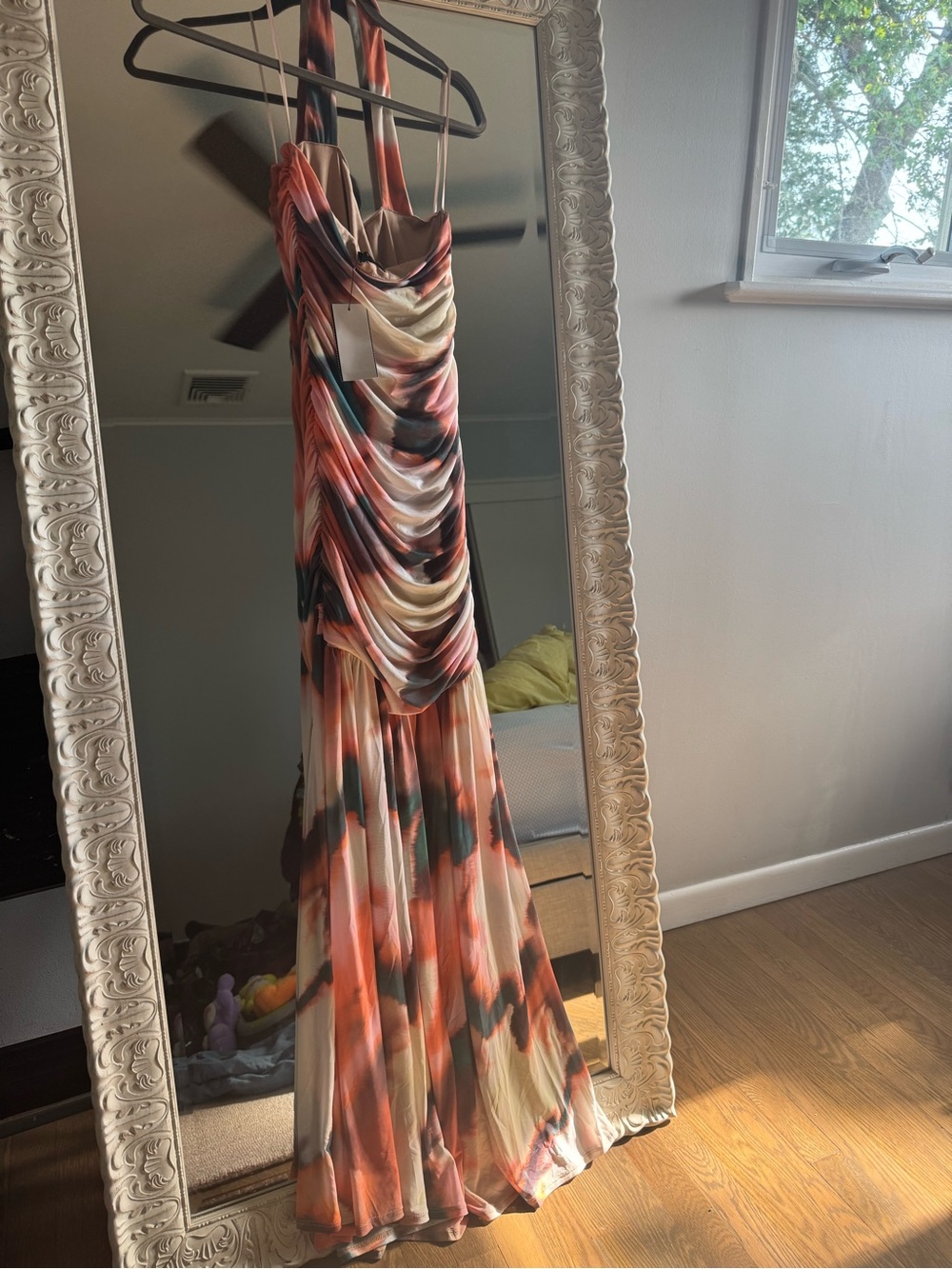 AFRM Coral, Cream & Dark Blue Watercolor Draped Maxi Dress - Size M - Picture 3 of 5